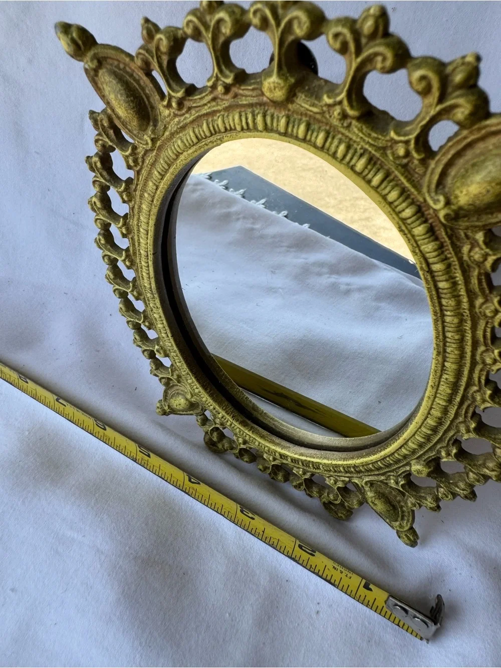 Vintage Victorian Gold /yellow Tone Round Tabletop Vanity Mirror w/ Stand, 7 in